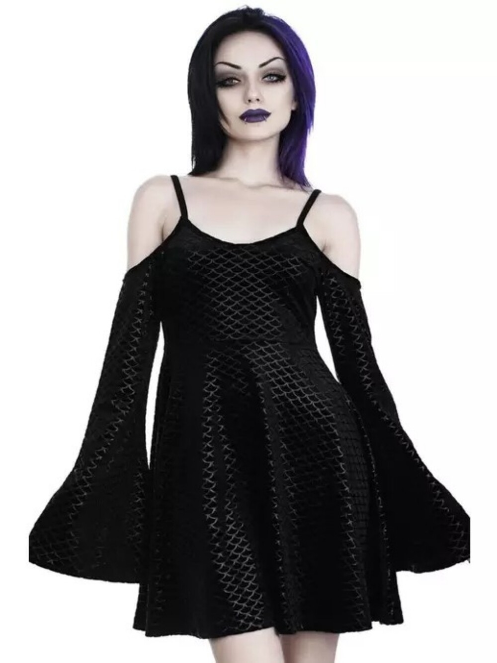 Killstar Womens Black Sea Sorcerers Cold Shoulder Mermaid Scale Mini Dress SZ M
